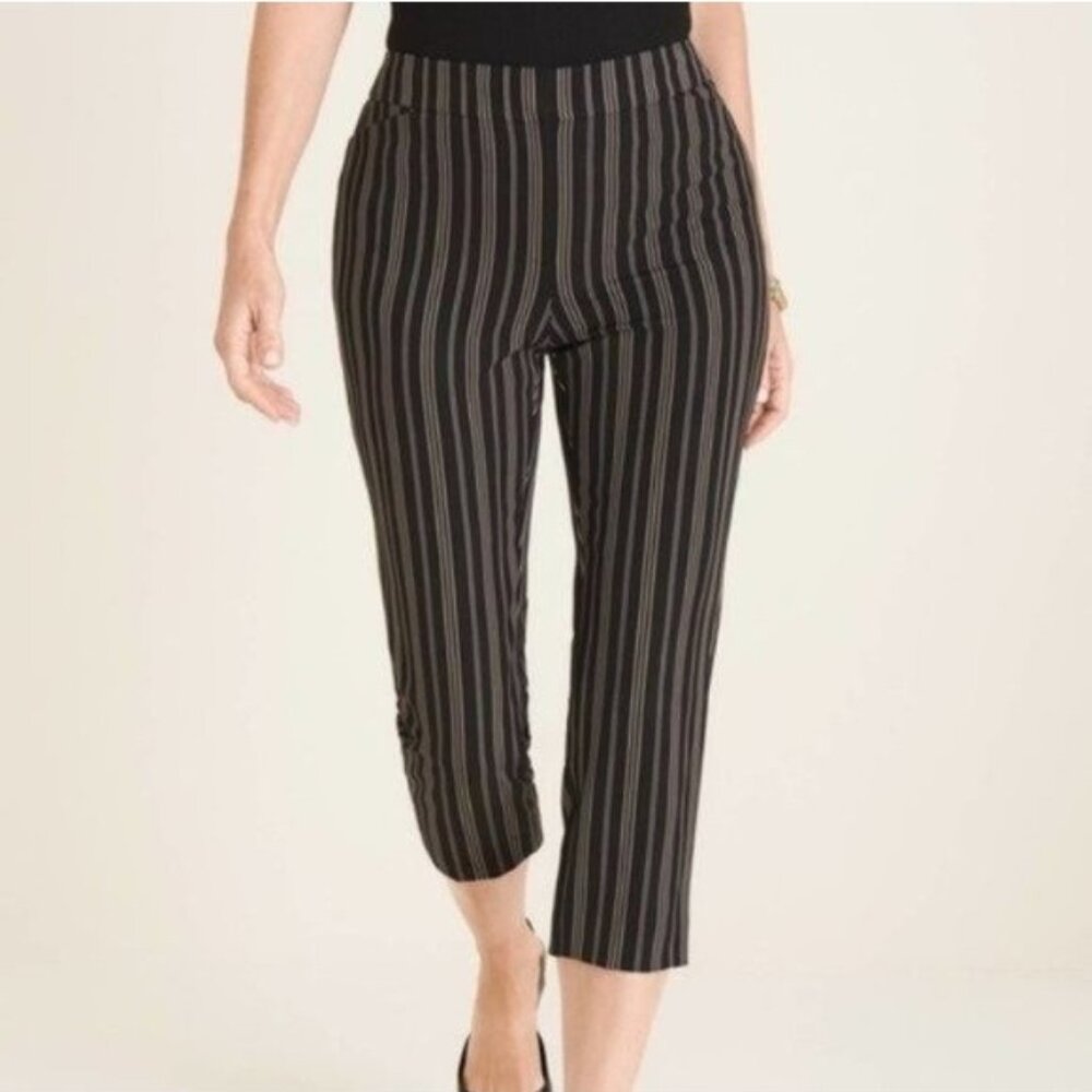 Chico's Black & Gray Striped Cropped Trousers